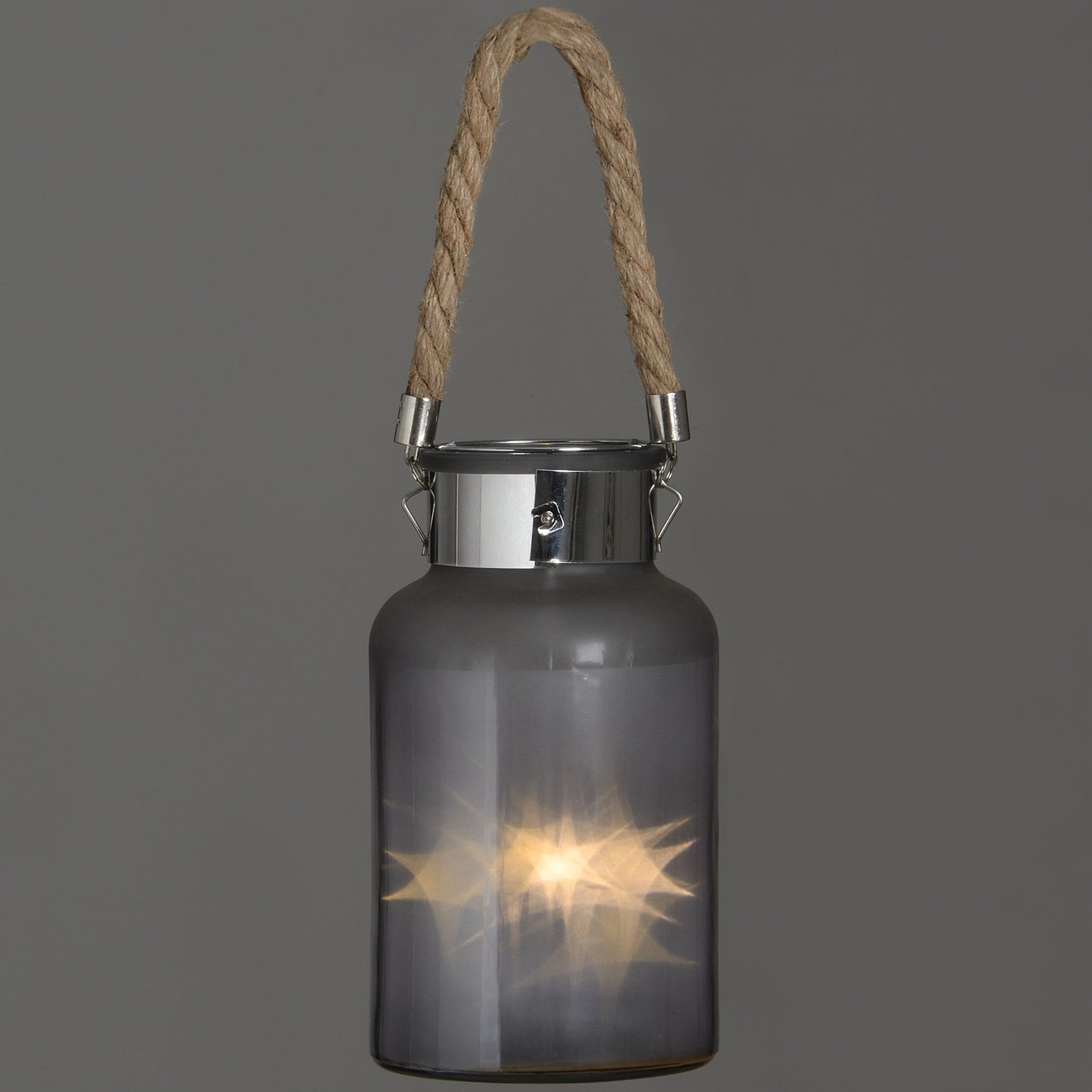 Frosted Grey Glass Lantern with Rope Detail and LED