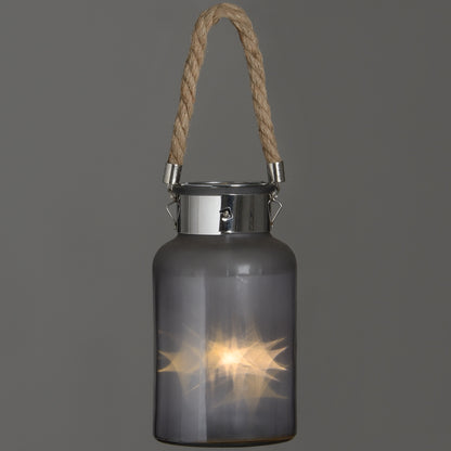 Frosted Grey Glass Lantern with Rope Detail and LED