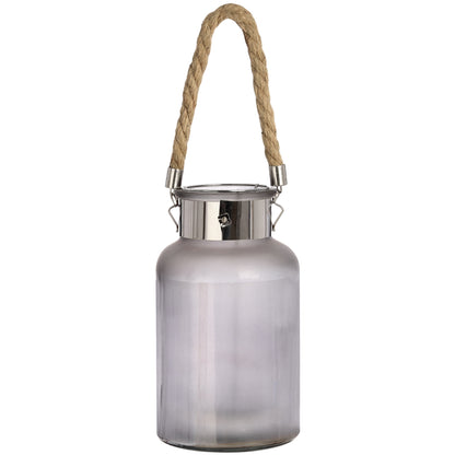 Frosted Grey Glass Lantern with Rope Detail and LED